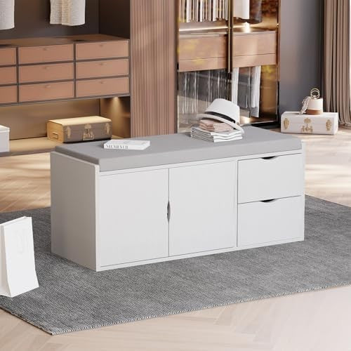 White Oak Entryway Shoe Storage Bench, Cushion 2 Drawers Hidden Rack 101x34x45cm