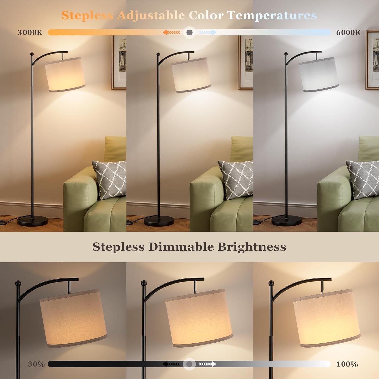 Modern Arc Floor Lamp Dimmable LED Remote Control Room Standing