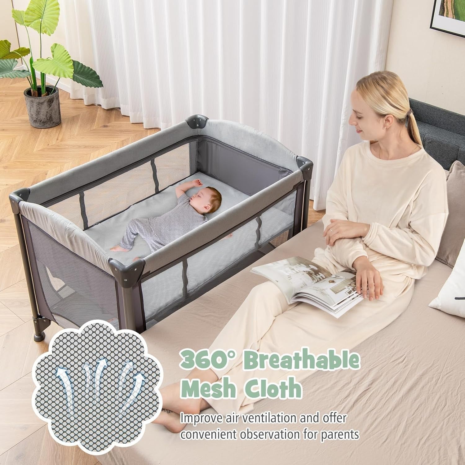 5in1 Travel Cot Baby Bedside Crib Bassinet w/ Mattress Folding Playard Grey
