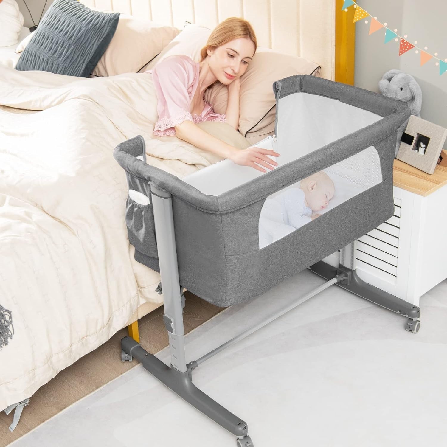 3in1 Baby Bassinet Bedside Crib Co-Sleeper Cot with Mattress & Wheels Light Grey