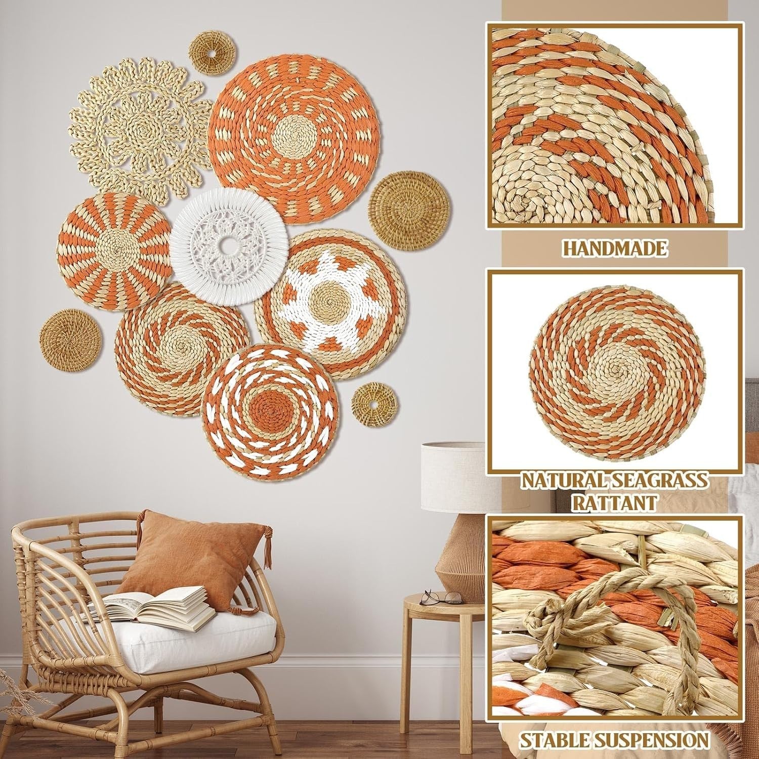 11PCS Boho Woven Wall Baskets Bulrush Farmhouse Decor Clr Delicate