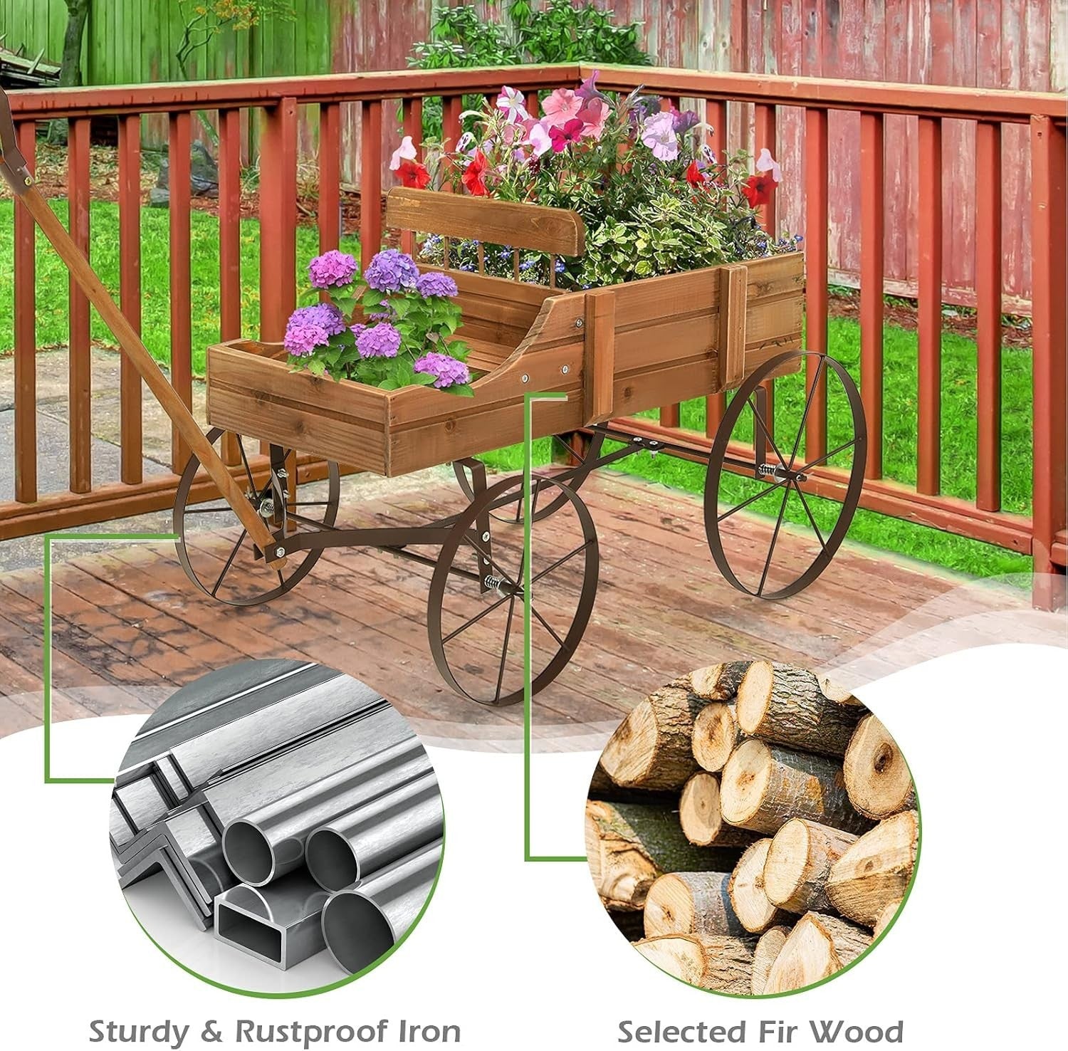 4-Wheel Wooden Garden Wagon & Brown Planter Cart w/ Handle for Outdoor Plants
