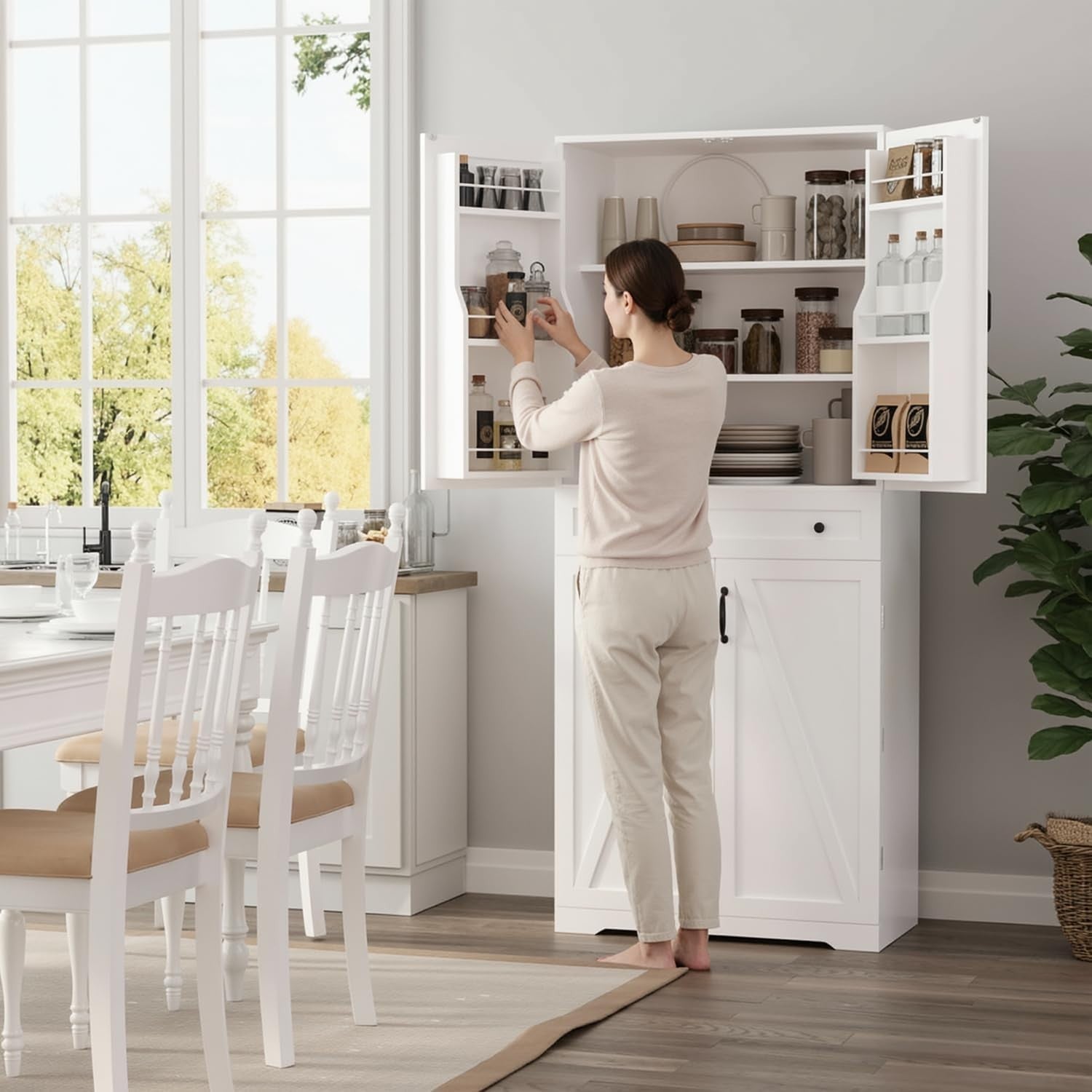 Tall Kitchen Cabinet 4 Doors 1 Drawer 4 Adjustable Shelves White