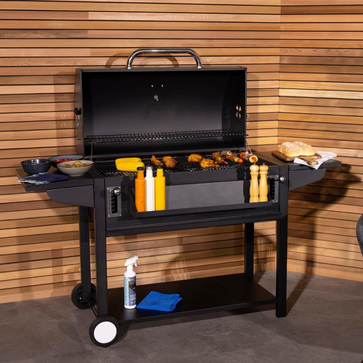 Large Charcoal BBQ Smoker Grill with Thermometer, Adjustable Height
