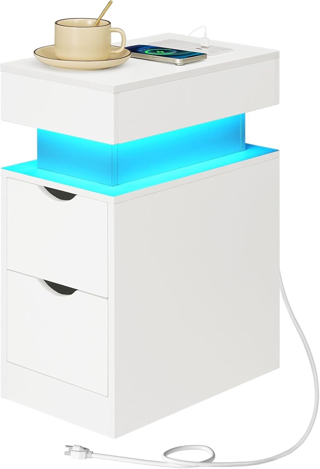 Modern LED Bedside Table with Charging Station & 2 Drawers – White Nightstand