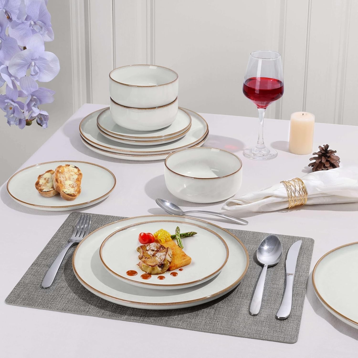 12pc Stoneware Dinner Set Plates Bowls Microwave Dishwasher Safe Ivory