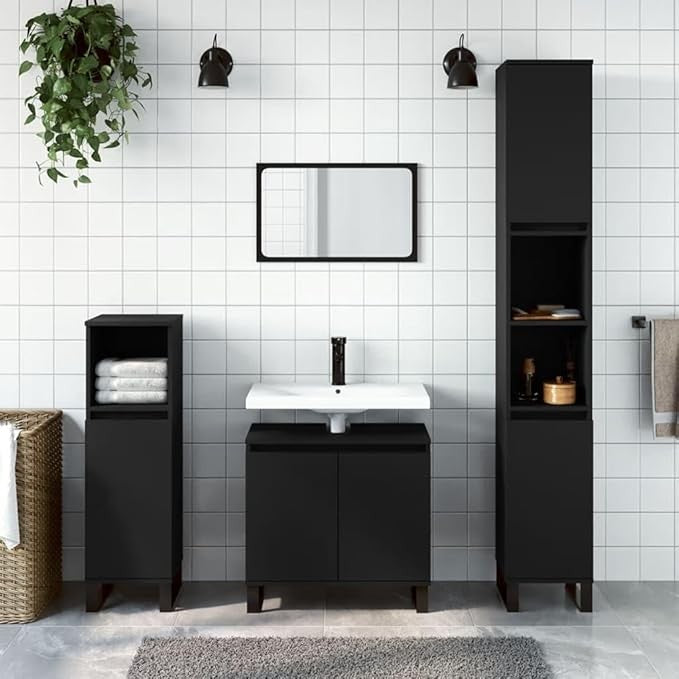 Black Under Sink Bathroom Cabinet 58cm Modern Vanity Unit with Doors & Metal Leg