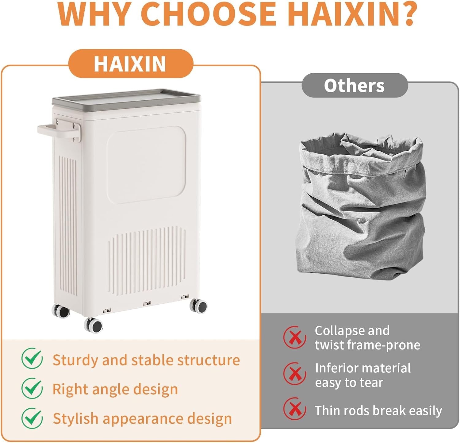 2-Pack 50L Slim Laundry Baskets with Lid & Wheels | Narrow Rolling Hampers Set