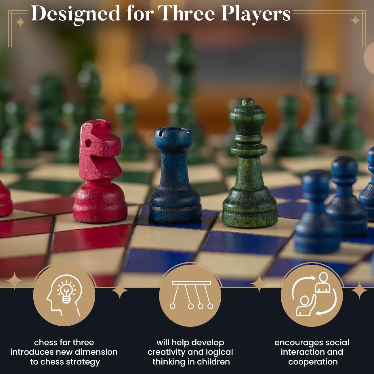 Large 3-Player Wooden Chess Set Hexagonal Board 40×35cm Handcrafted Travel Game