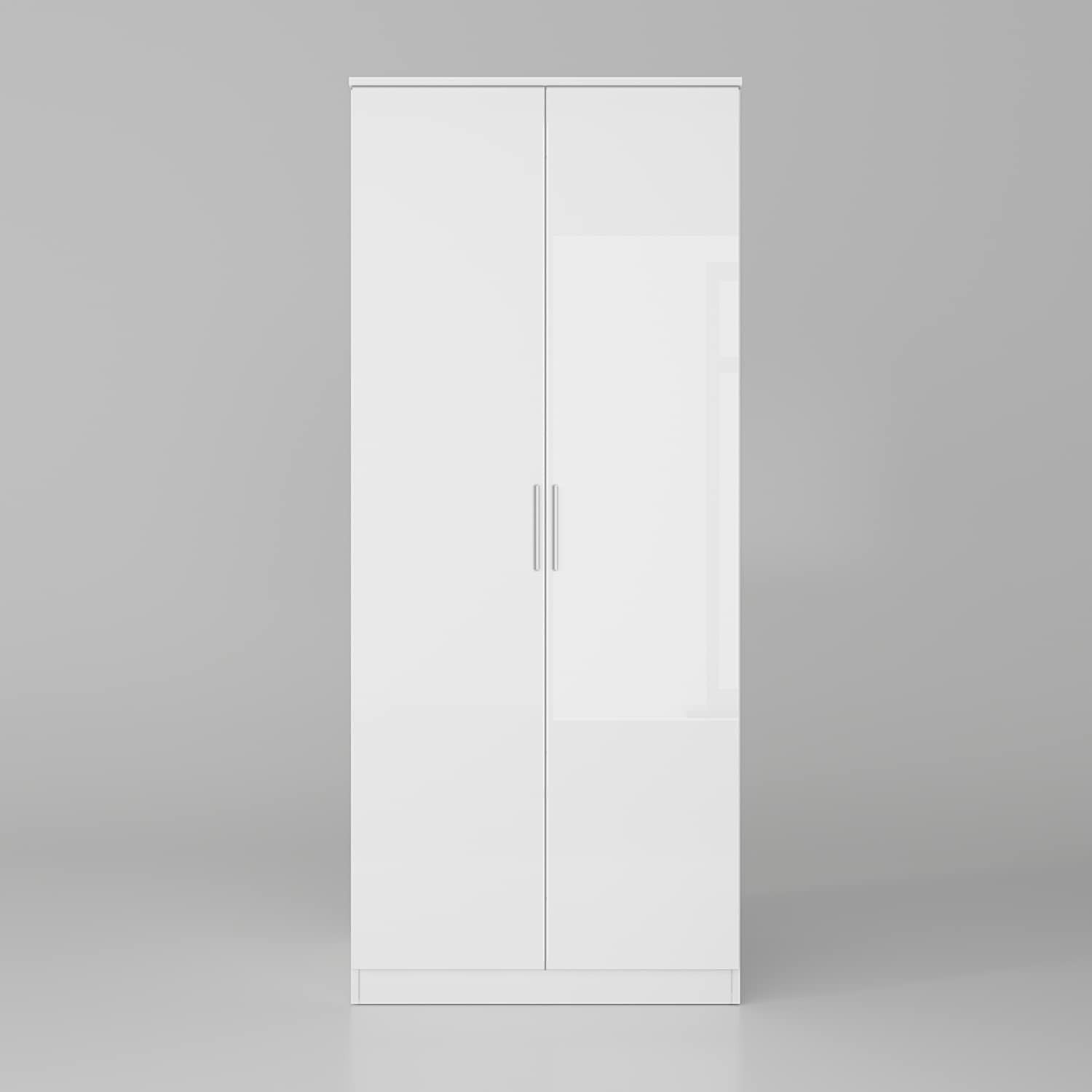 White High Gloss Wardrobe 2 Door Soft Close Storage Shelves Modern