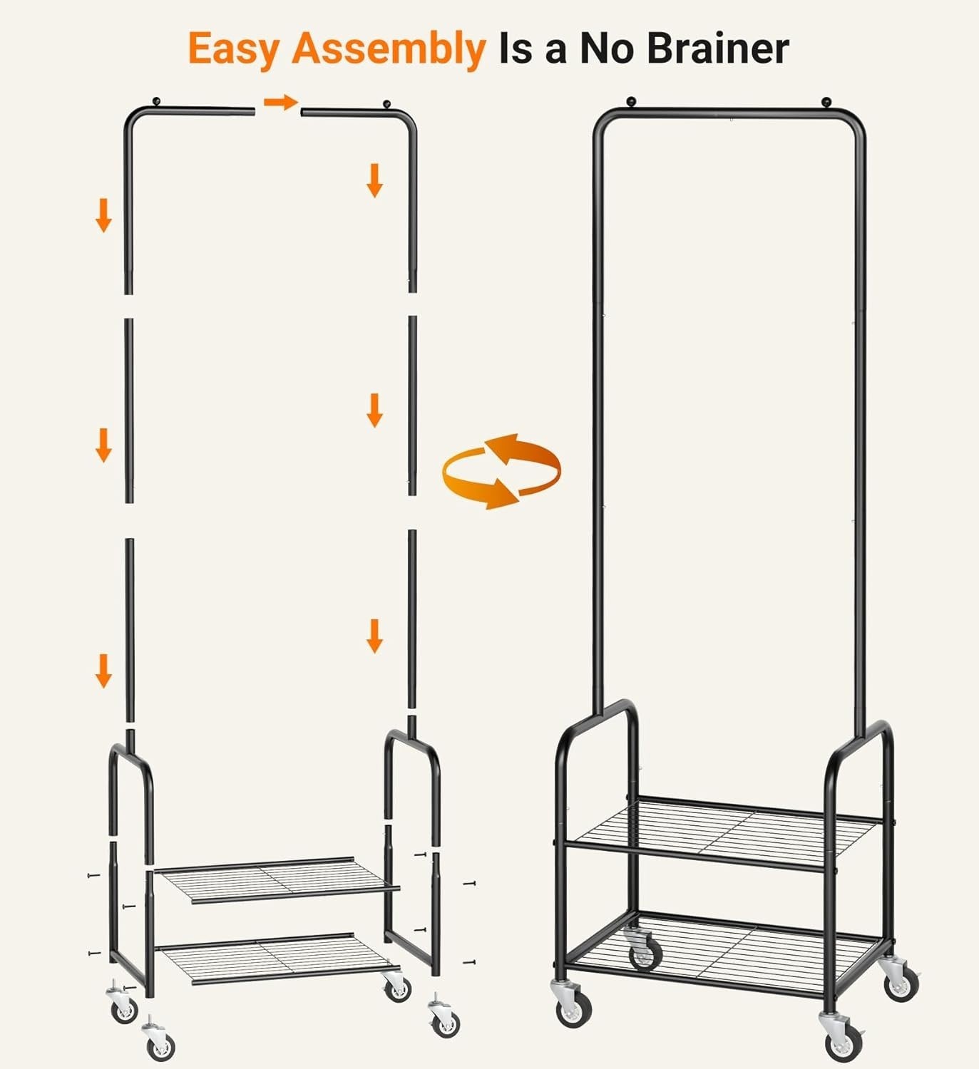 Small Clothes Rack with Shelves Rolling Metal Garment Rail Black