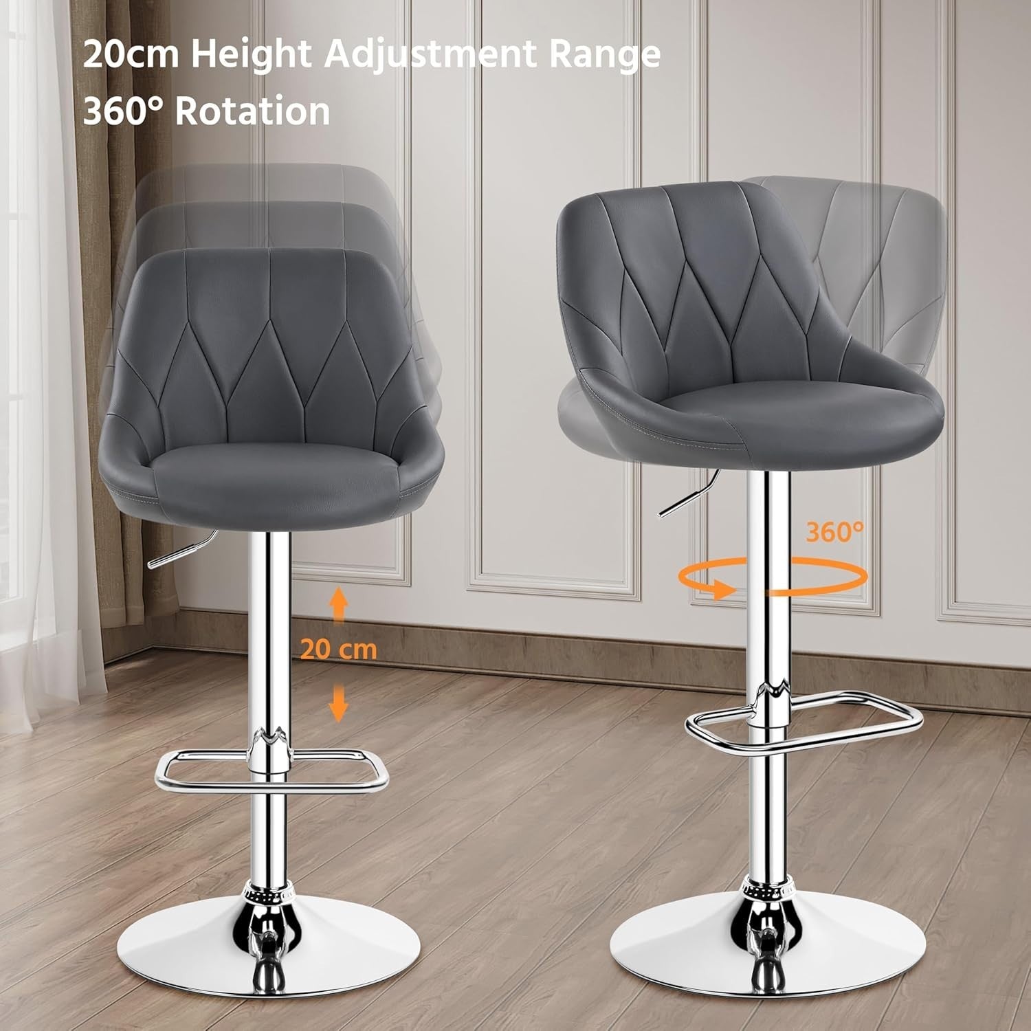 Adjustable Swivel Bar Stools with Backrest & Footrest – Dark Grey