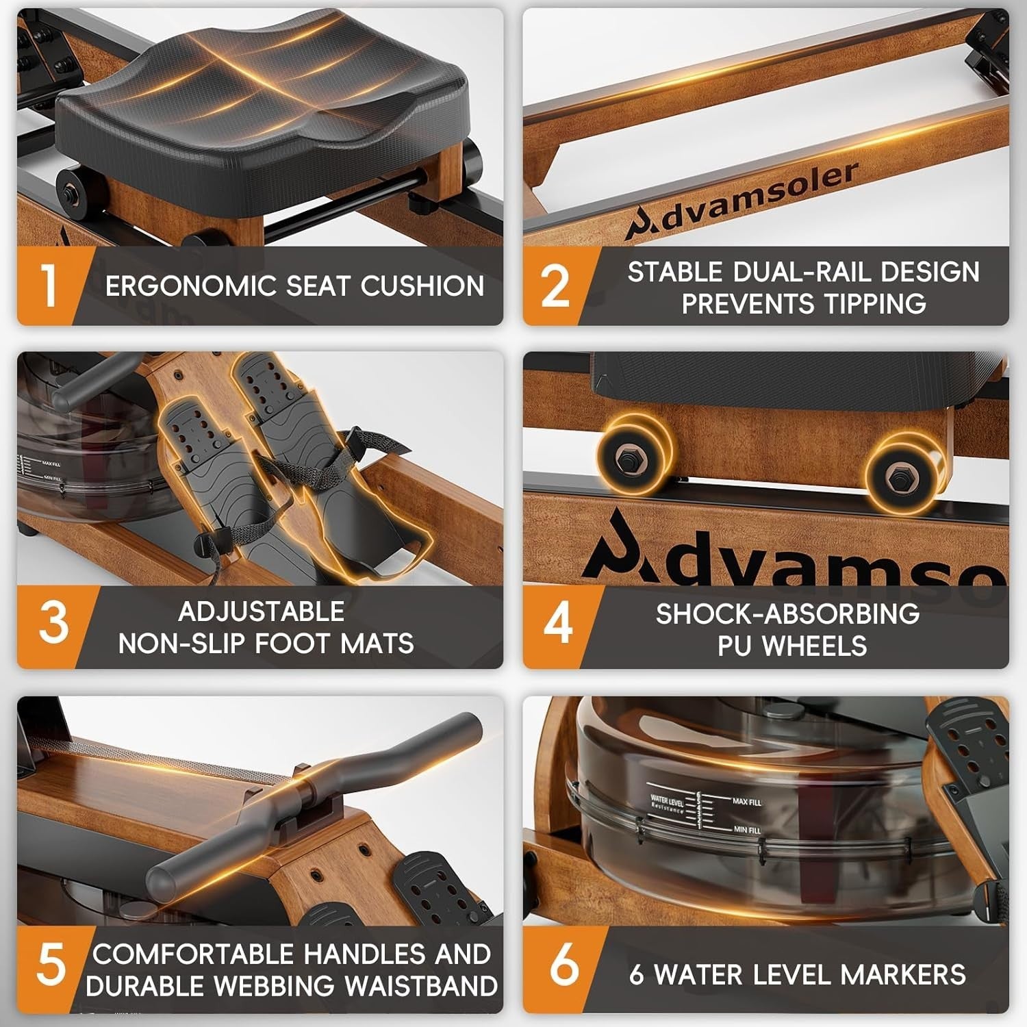 Foldable Oak Wood Water Rowing Machine Bluetooth LCD Home Rower 330LB Capacity