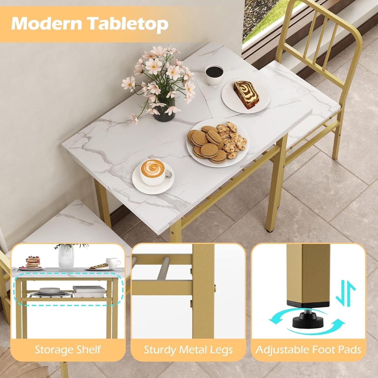 3 Piece Space-Saving Dining Table Set with Storage Rack & Gold Metal Legs