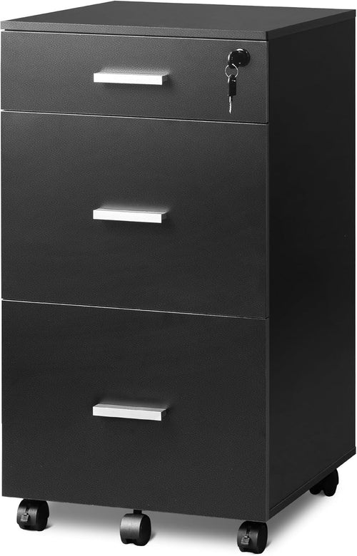Black 3 Drawer Lockable Filing Cabinet with Wheels A4 Storage Office Drawer Unit