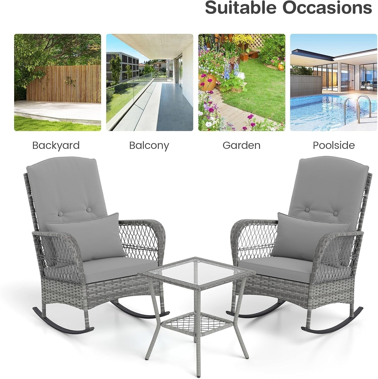 3pc Outdoor Rattan Rocking Bistro Set Cushioned Chairs Glass Table Patio