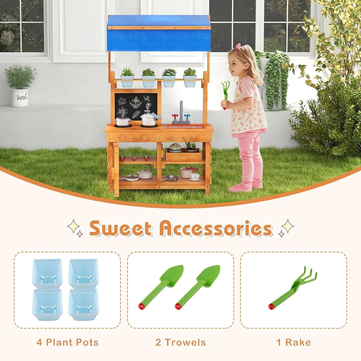 Outdoor Mud Kitchen Kids Playset w/ Canopy Sink Pots Chalkboard