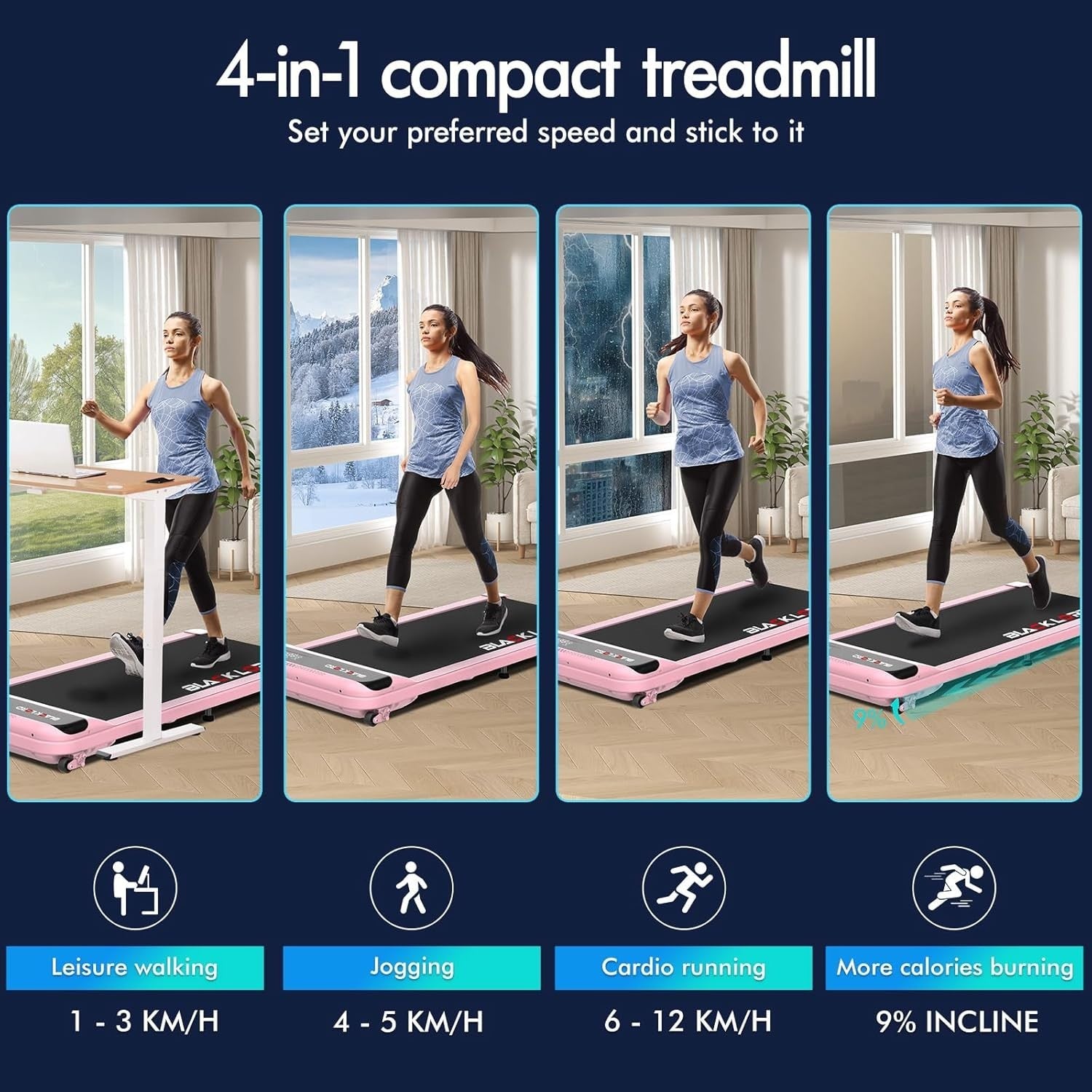 9% Incline Foldable Treadmill 3.2HP Under Desk Running Machine