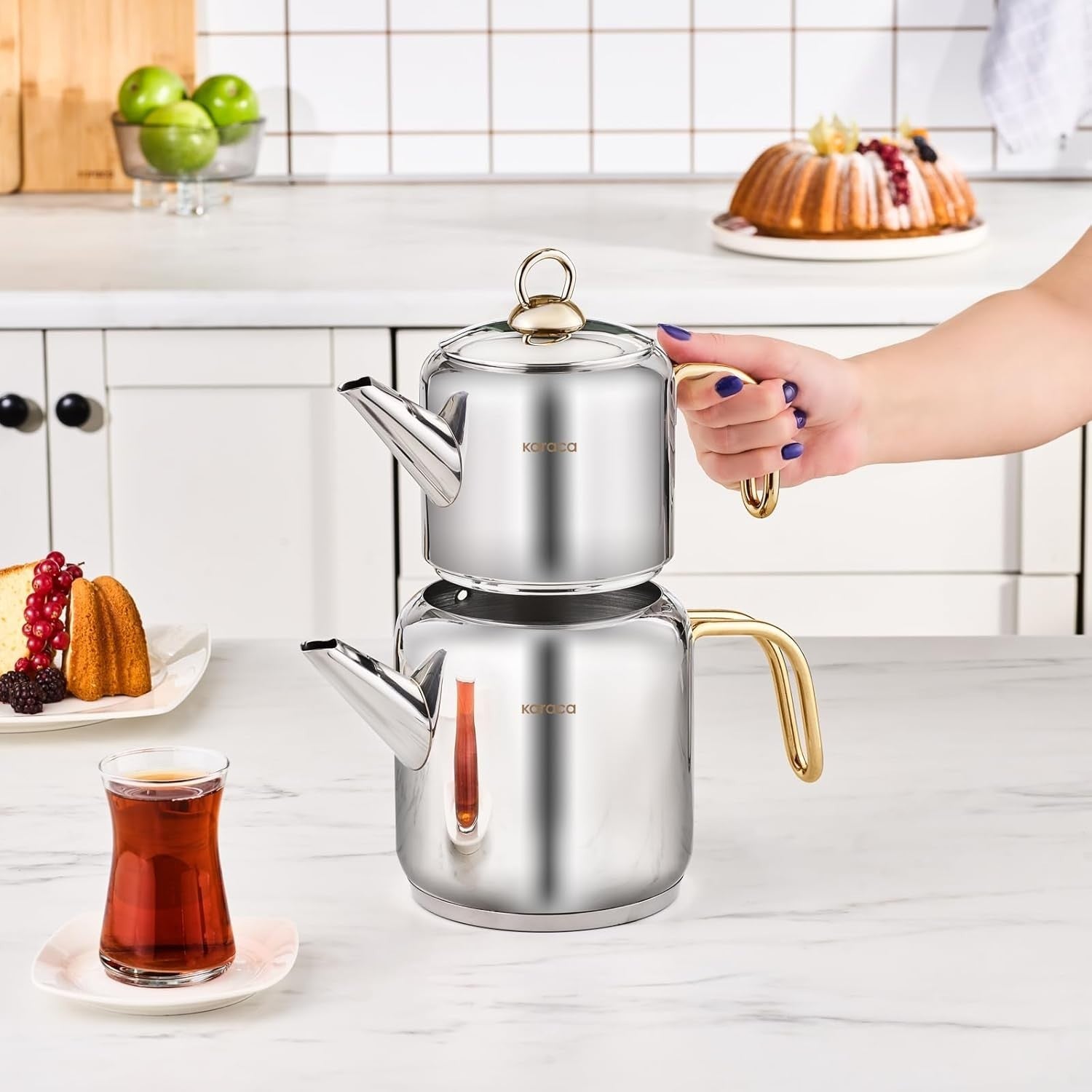 Turkish Tea Maker Gold Stainless Steel Teapot Set 3L Induction Safe