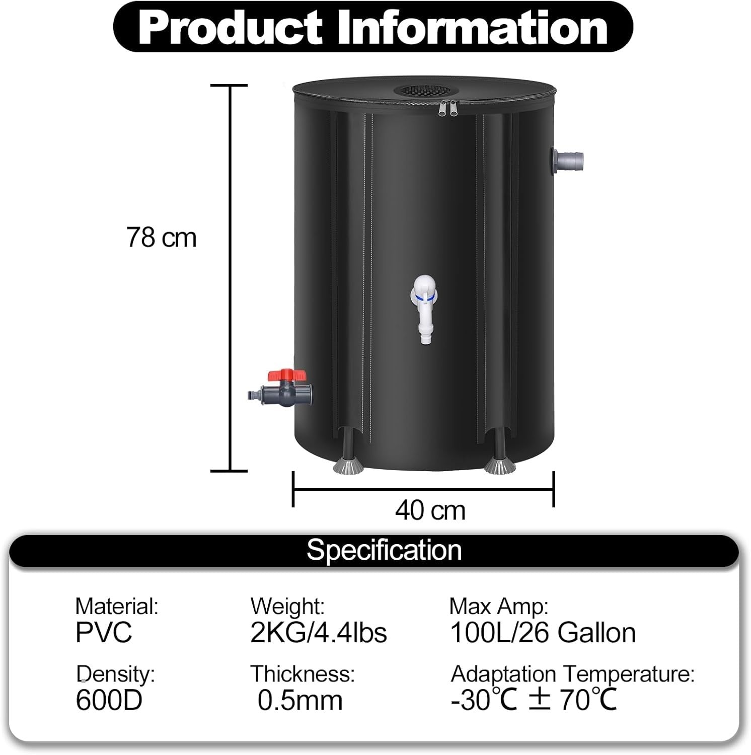 100L Collapsible PVC Rain Barrel with Mesh Top, Spigot & Overflow Kit