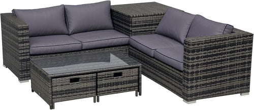 4PC Rattan Garden Sofa Set with Storage Drawers Cushions Glass Table Grey