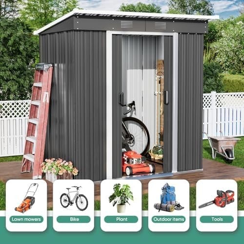 Metal Garden Storage Shed 6x4ft Waterproof Outdoor Tool & Bike Shed Grey Lock