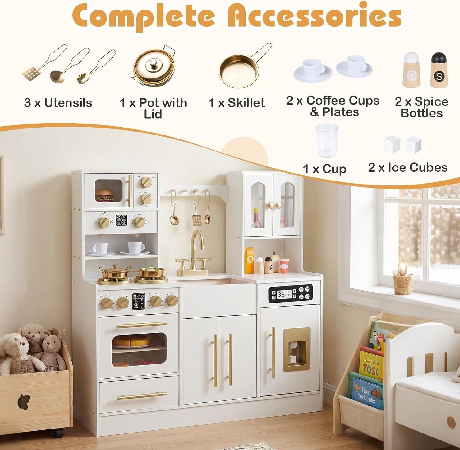 Kids Wooden Play Kitchen Lights Sounds Ice Maker Coffee Station