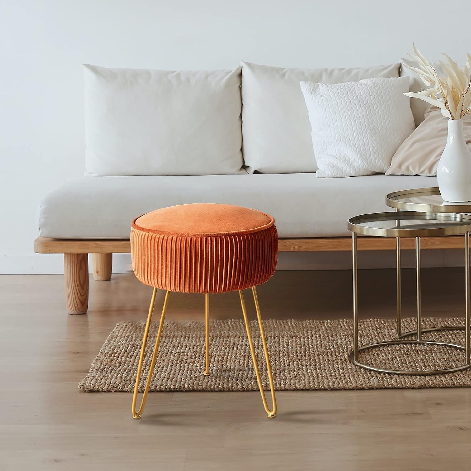 Pumpkin Brown Pleated Velvet Vanity Stool Round Ottoman with Gold Legs
