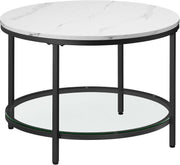 Modern Round Coffee Table with Faux Marble Top & Tempered Glass Shelf