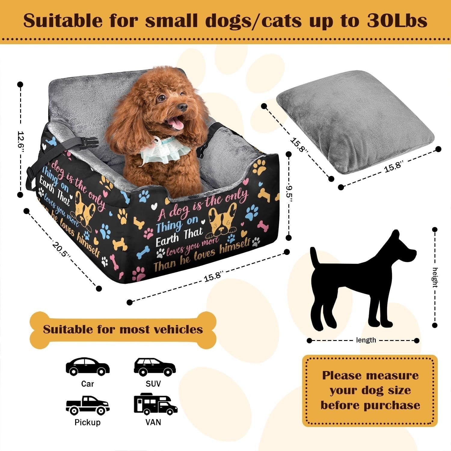 Dog Booster Car Seat Small Medium Dogs Travel Bed Washable Cover 32lb