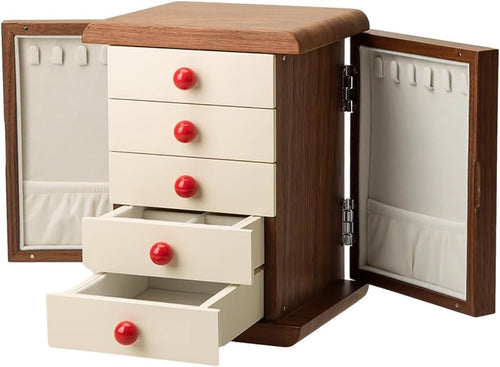 Retro Wooden Jewelry Organizer Box Multi Layer Drawer Magnetic Door