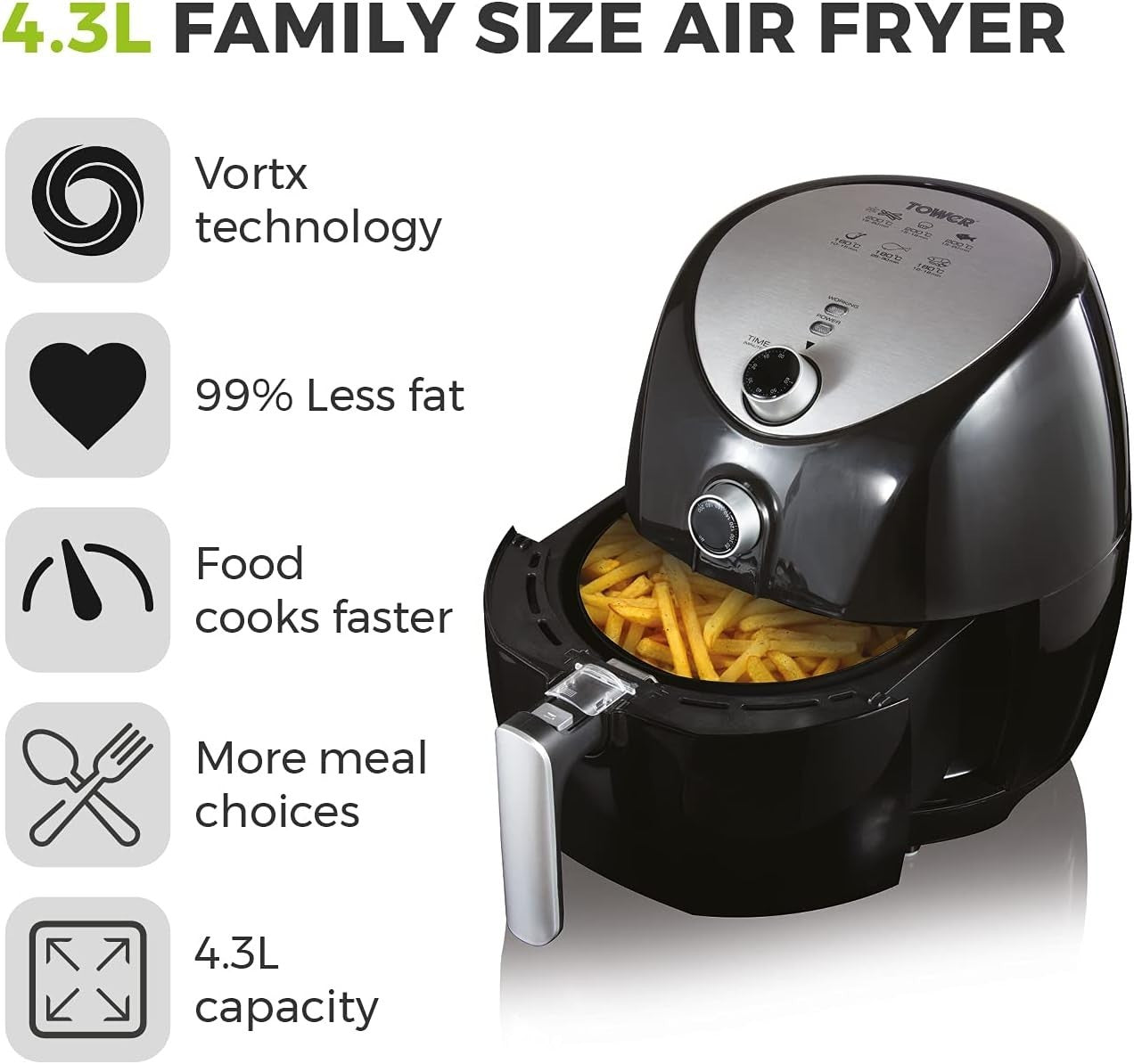 4.3L Family Size Air Fryer Vortx Tech Fast Healthy Cooker 1500W Roast Grill Bake