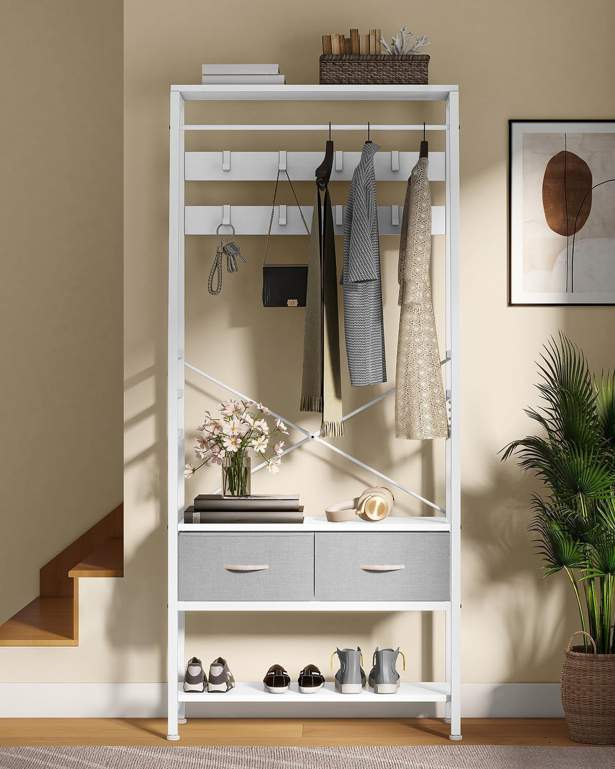 White Hall Tree Coat Rack with Bench | Metal Frame Shoe Storage & Drawers Stand