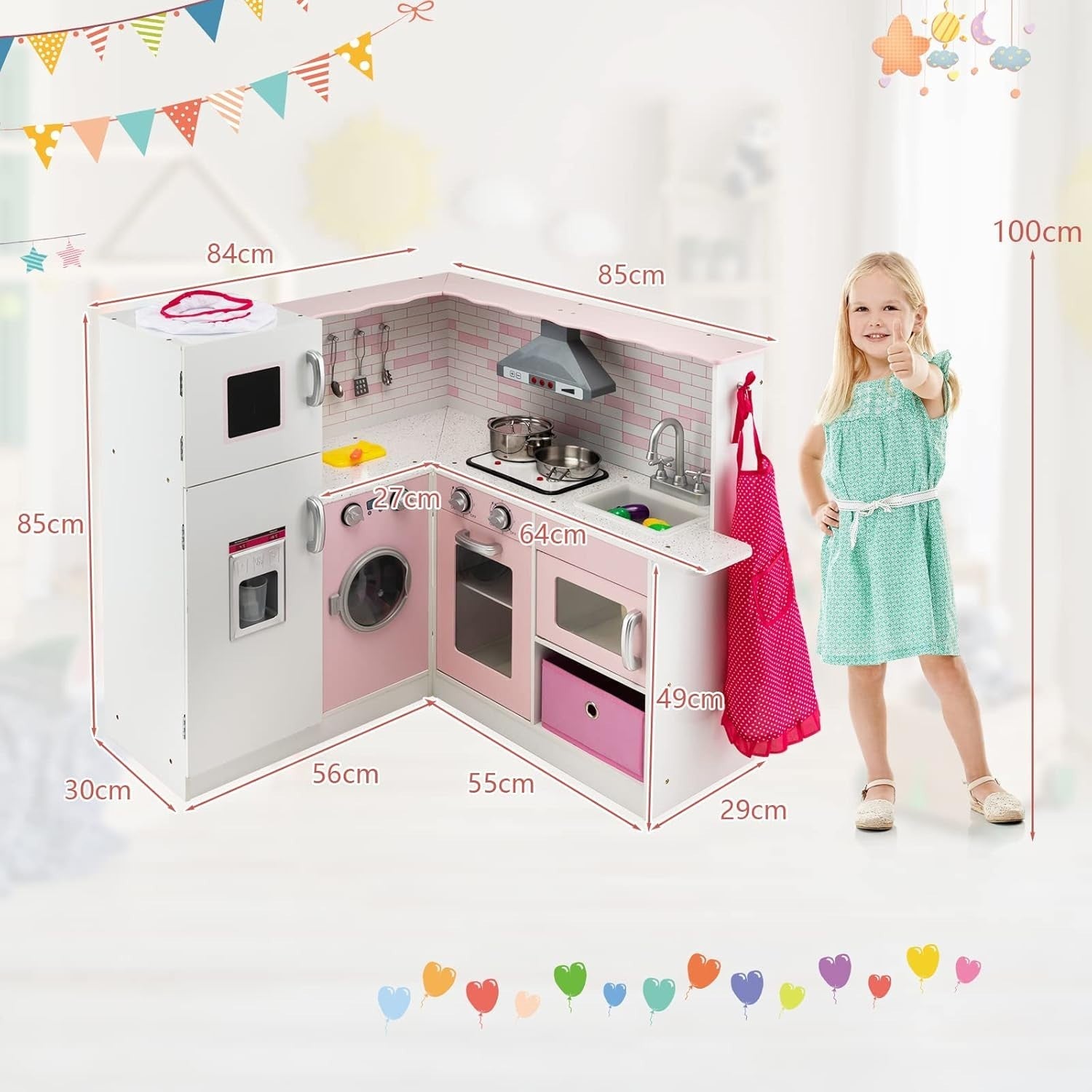 Corner Kids Play Kitchen Lights Sounds Pink Wooden Chef Toy Set