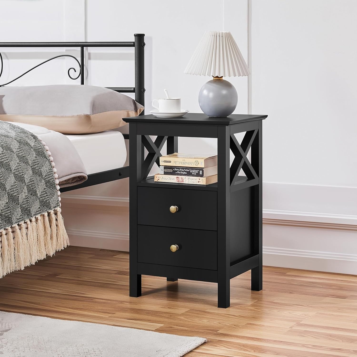 Set of 2 Black Bedside Tables with Drawers & Shelf | Modern Nightstands