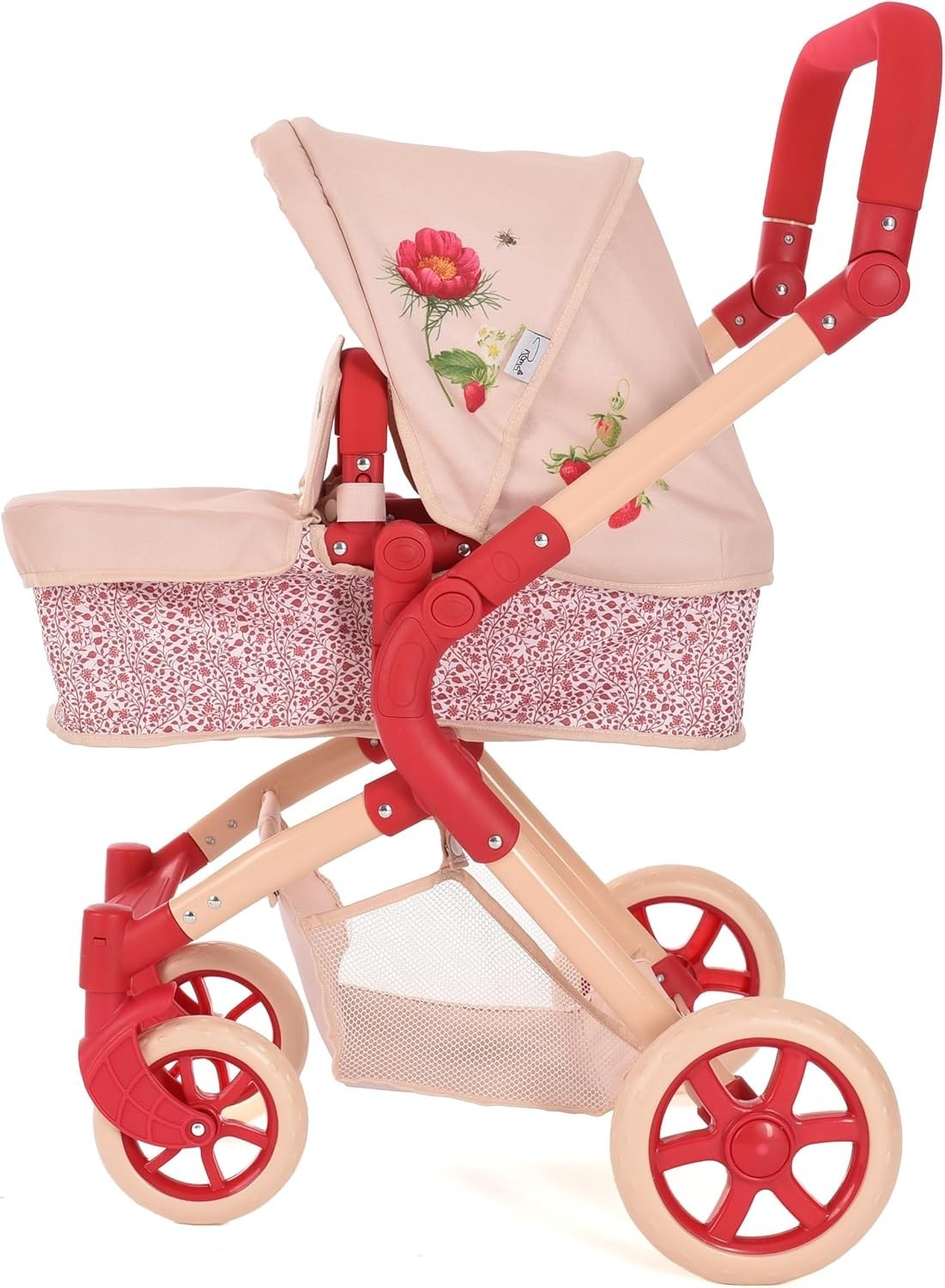 2-in-1 Dolls Pram Carrycot & Seat Adjustable Handle Cream & Berry Red Stroller
