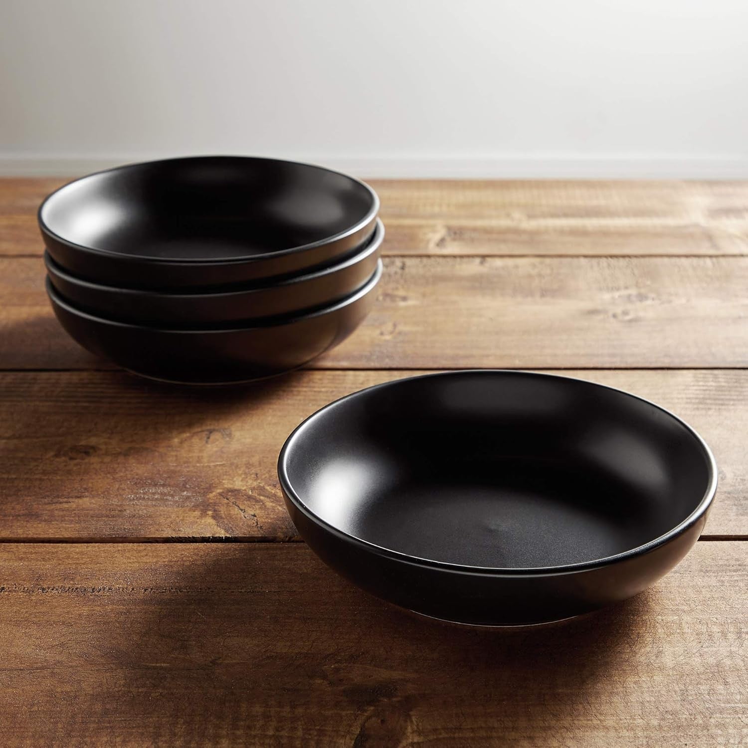 4pc Large Stoneware Bowl Set 22cm Matte Black Pasta Noodle Cereal Bowls