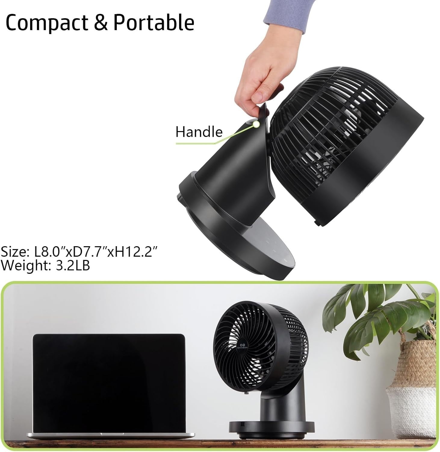 8" USB Air Circulator Fan – 360°+70° Oscillation 8-Speed Quiet Cooling Black