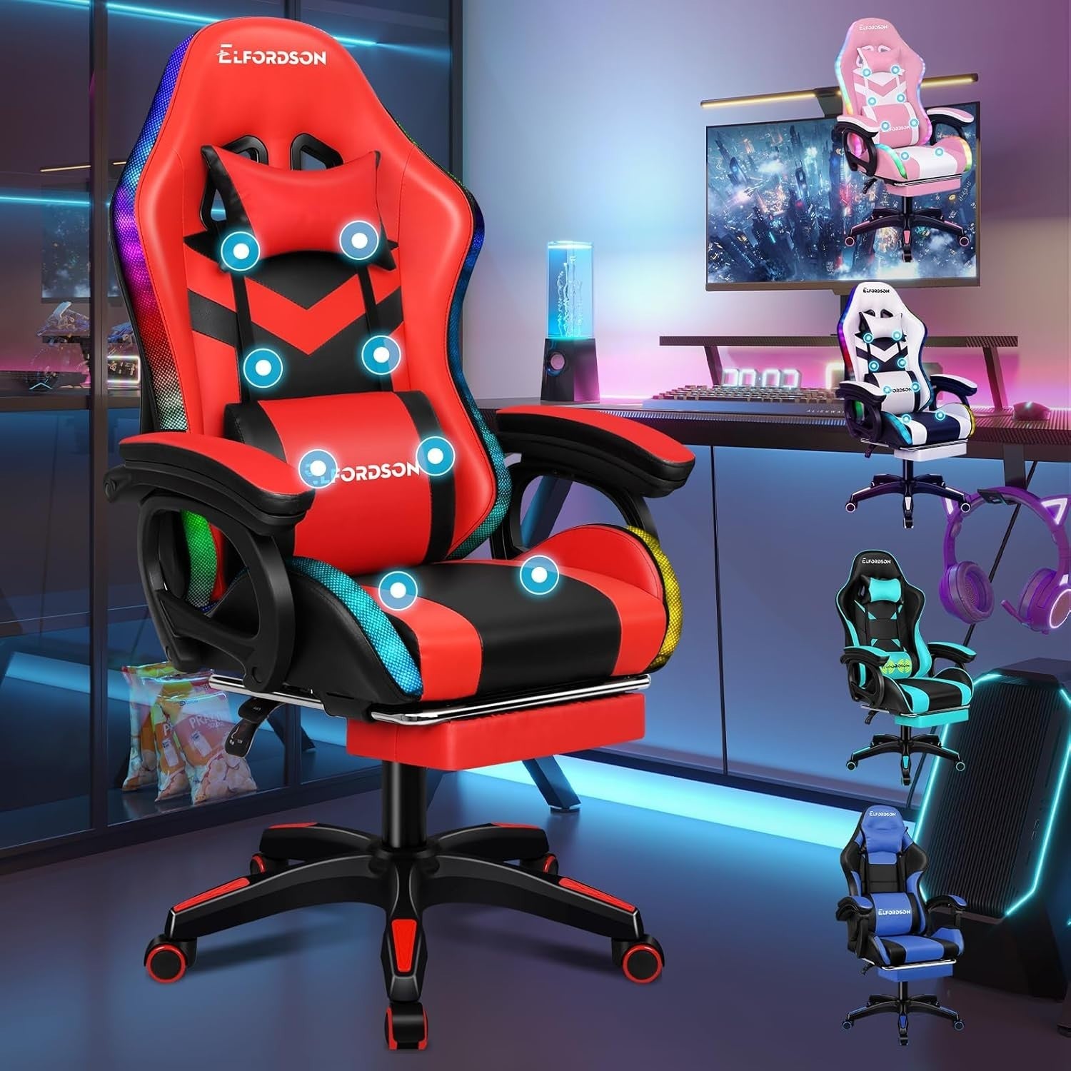 Gaming Chair Red PC Computer Racing Seat LED RGB Light $180$kg Recliner Massage