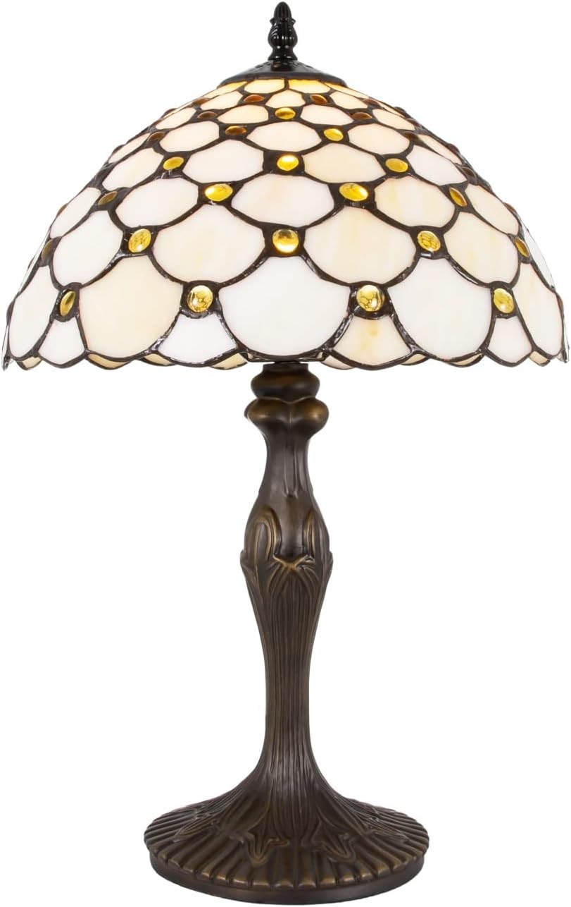 Vintage Stained Glass Tiffany Table Lamp Amber Beads 12” Handmade Light
