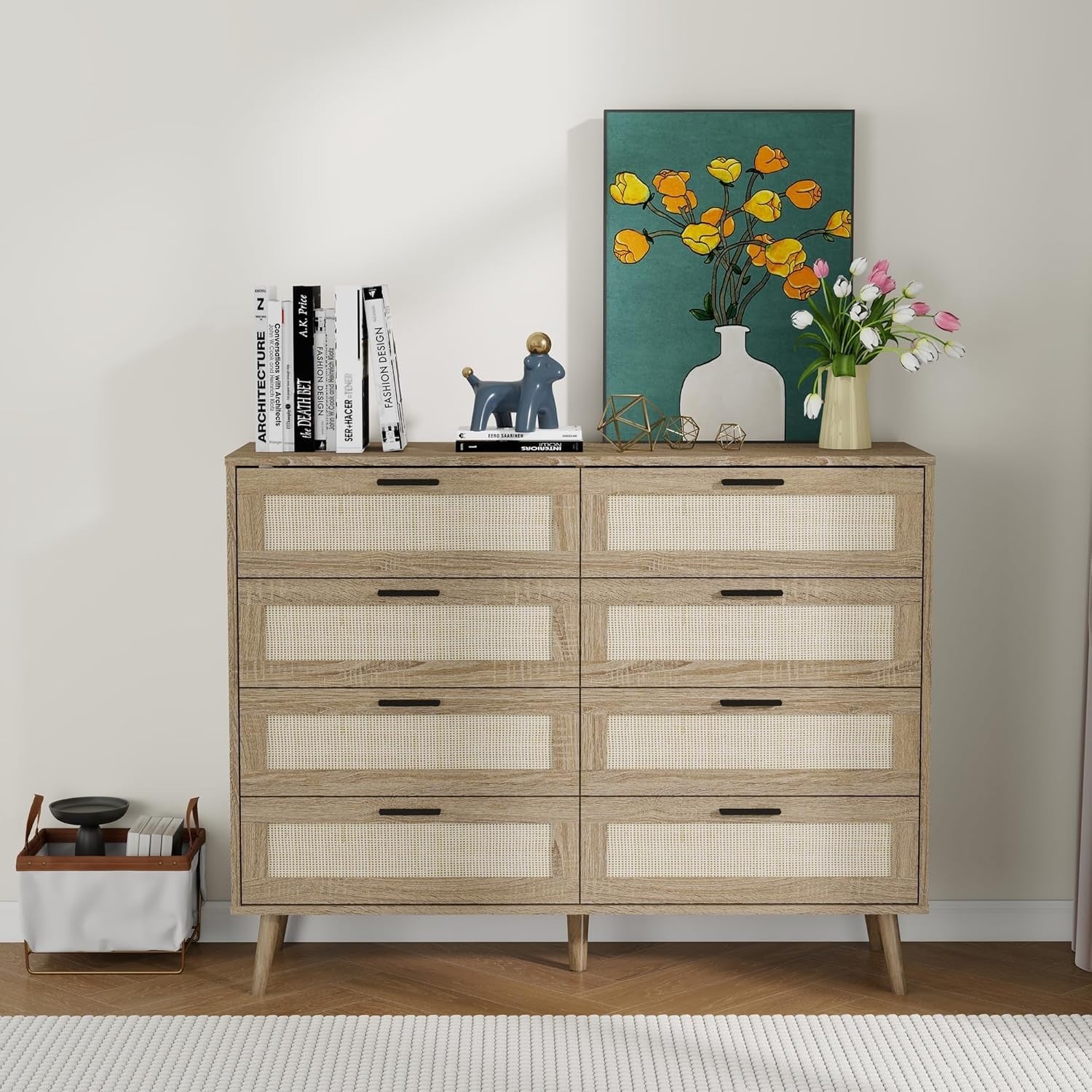 Oak Rattan Chest of Drawers 8 Drawer Storage Cabinet Wood Bedroom