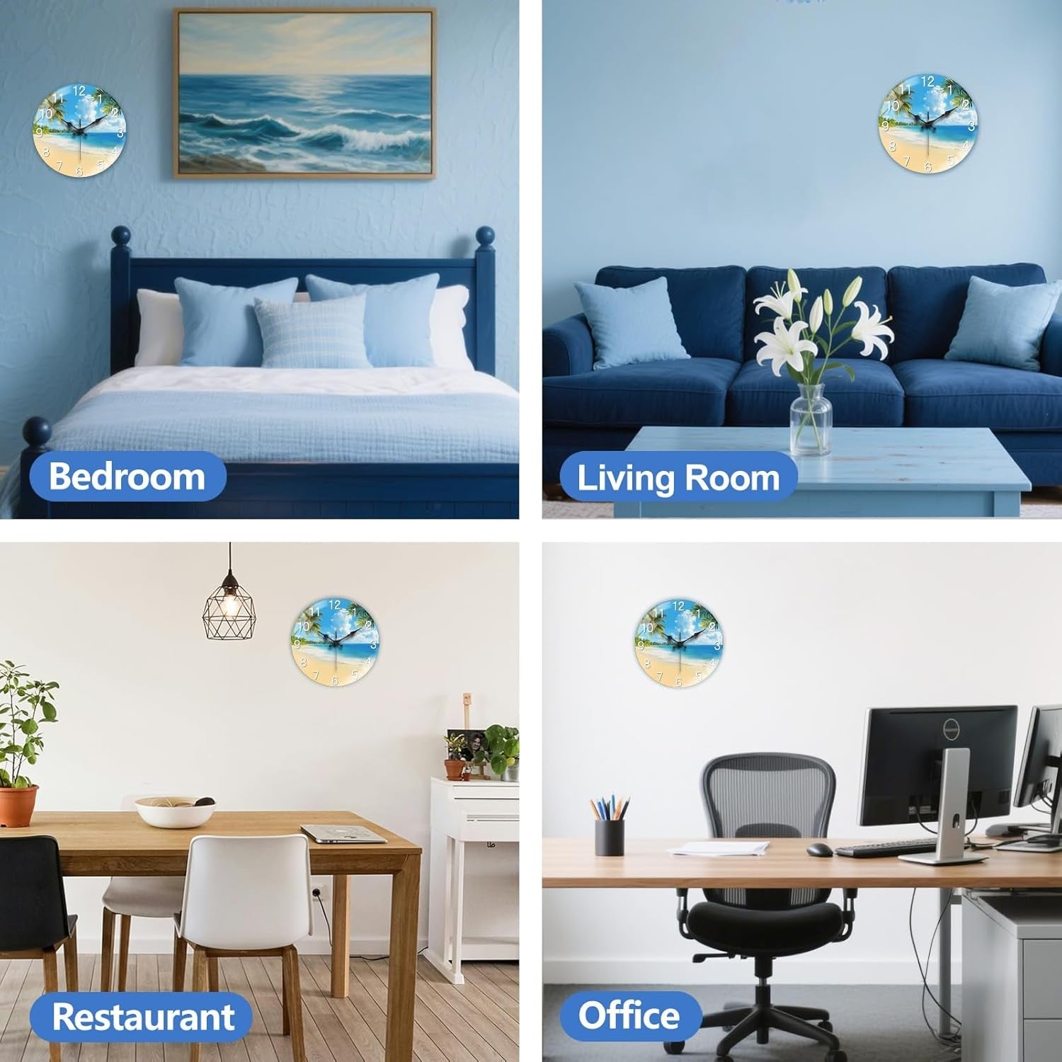 30cm Ocean Beach Wall Clock – Silent Non-Ticking Glass Art Coastal Design