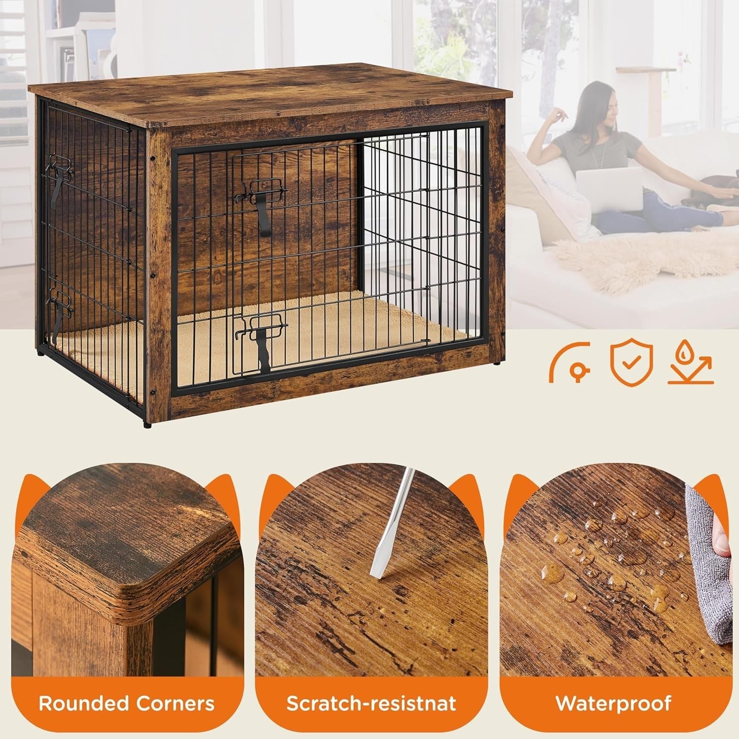 Rustic Brown Medium Dog Crate Furniture with Cushion & Double Doors 96x65x67.5cm