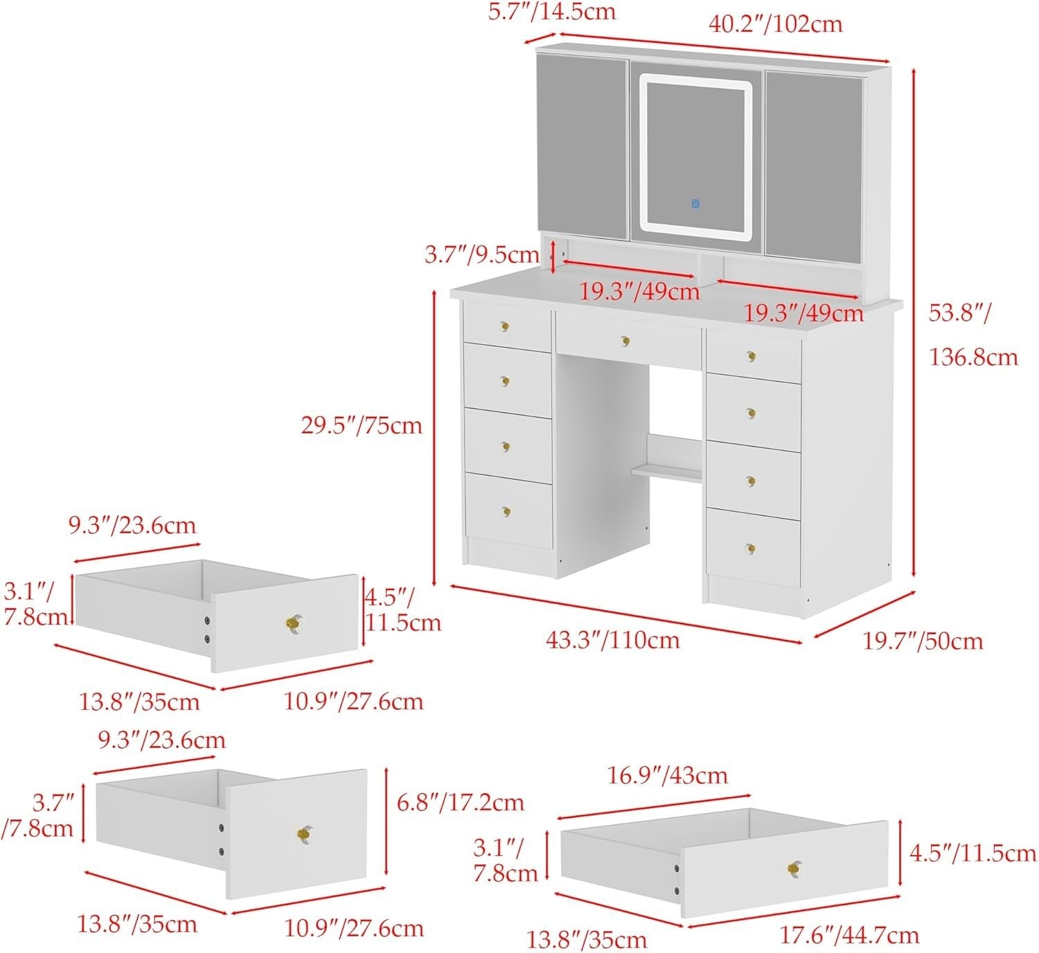 Makeup Vanity Dressing Table White w/ 3-Panel LED Light Mirror & 9 Storage Drawe