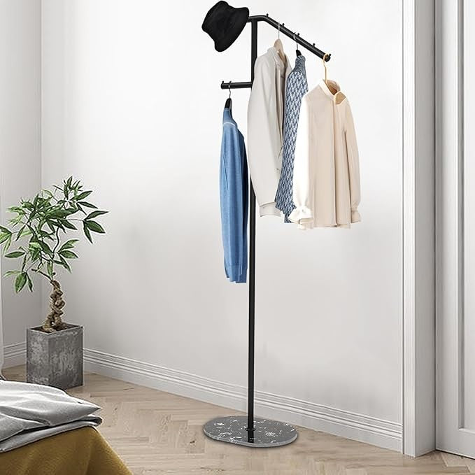 Black Marble Base L-Shaped Coat Rack 170cm Metal Clothes Organizer Stand