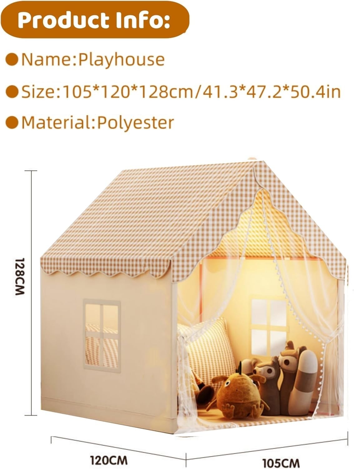 Kids Gingham Play Tent Indoor Rustic Playhouse w Windows Curtains