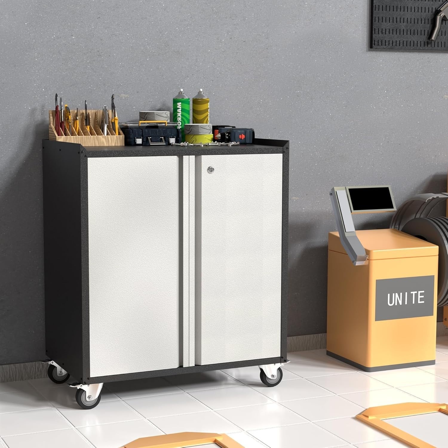 Heavy Duty Mobile Tool Storage Cabinet with Lockable Doors & Adjustable Shelf