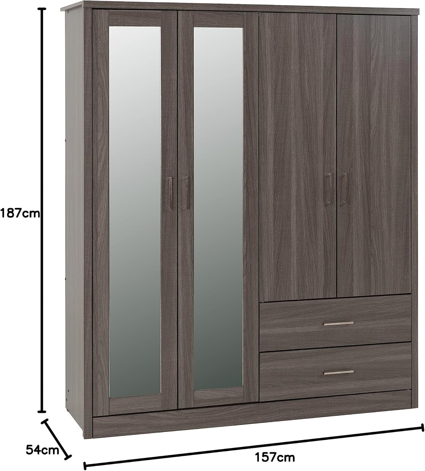 Black Wood 4 Door Wardrobe with Mirror & Drawers Modern Storage Unit