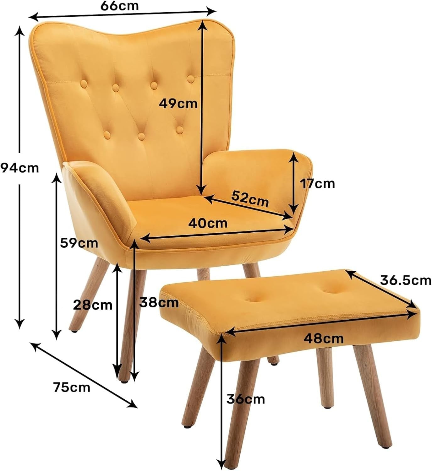 Yellow Velvet Armchair with Footstool, Comfy Reading Lounge Chair Set