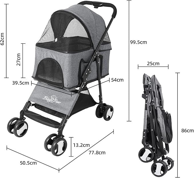 Pet Stroller Foldable Dog Cat Pram 4 Wheel Travel Pushchair 20kg
